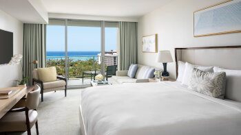 Deluxe Ocean View Room, Guest room, 1 King, Sofa bed, Balcony, at The Ritz-Carlton Residences, Waikiki Beach