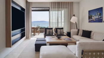WOW Agora Bayfront, 2 Bedroom Suite, Bedroom 1: 1 King, Bedroom 2: 2 Twin, Sea view, High floor, at W Costa Navarino