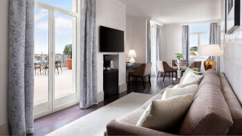 Trevi Suite, Vice Presidential Suite, 1 King, Piazza Barberini view, Skyline view, Terrace level, at Hotel Sina Bernini Bristol